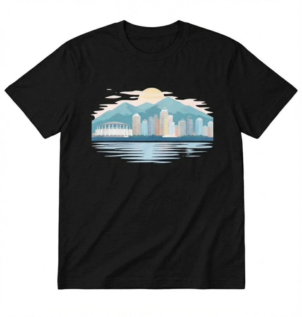 Black t-shirt with a cityscape graphic on a white background