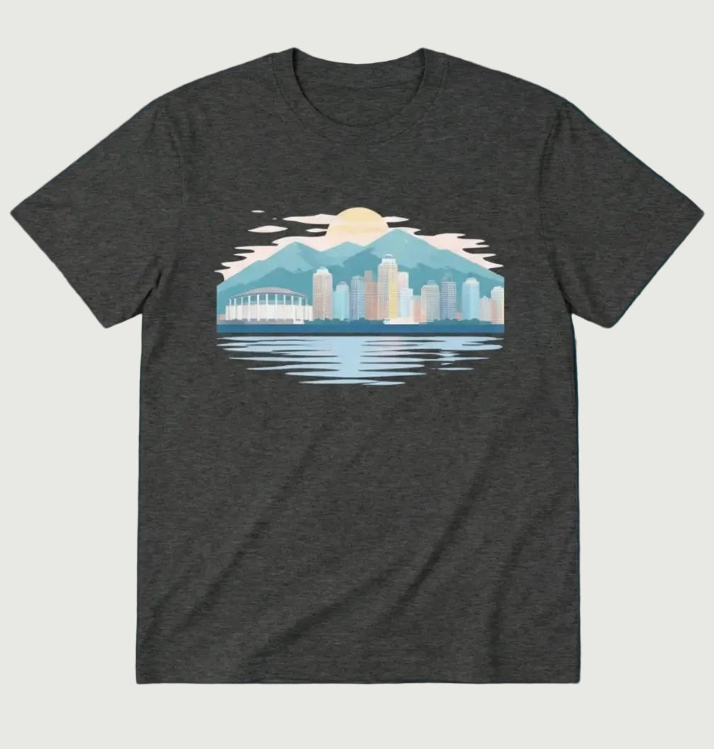 Dark gray t-shirt with a cityscape graphic on a dark blue background