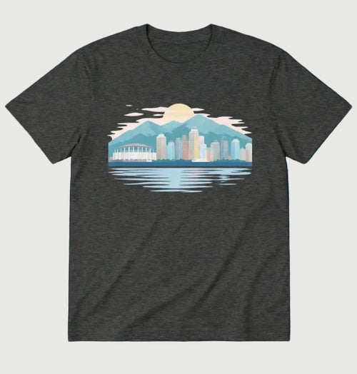 Dark gray t-shirt with a cityscape graphic on a dark blue background