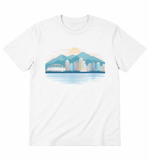 White t-shirt with a cityscape graphic on a dark blue background